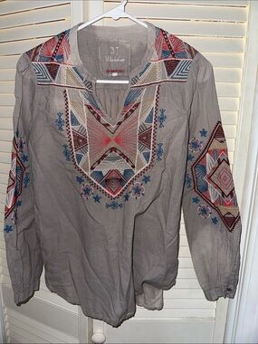 Johnny Was Taupe Embroidered Geometric Peasant Blouse